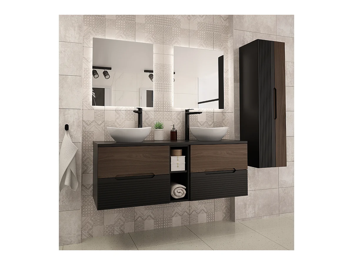 Ensemble meuble double vasque 140cm niche et colonne Sylla Noir et bois