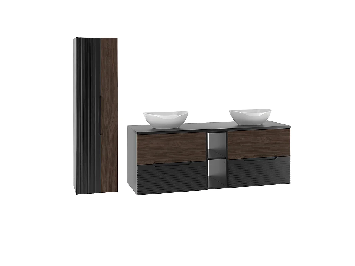 Ensemble meuble double vasque 140cm 2 niches et colonne Sylla Noir et bois