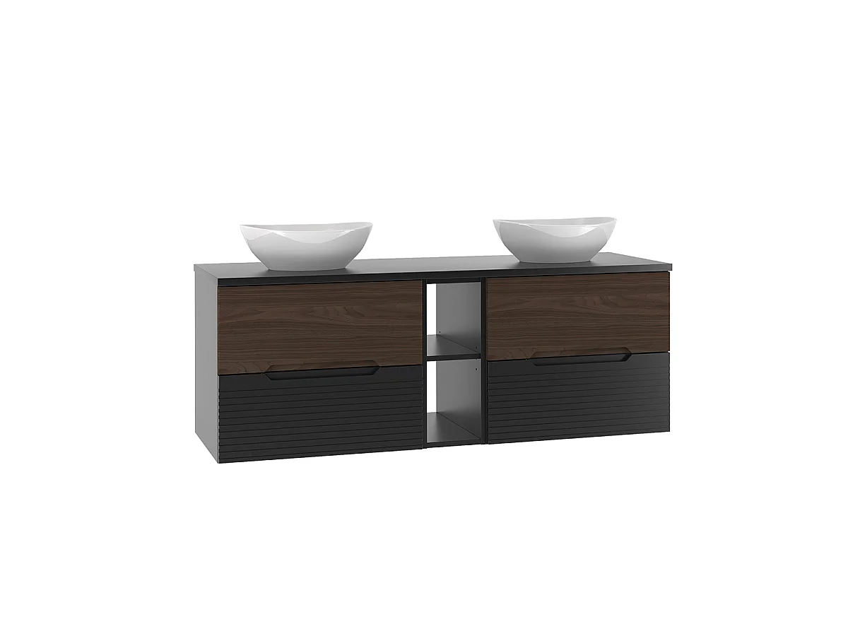 Ensemble meuble double vasque 140cm 2 niches et colonne Sylla Noir et bois