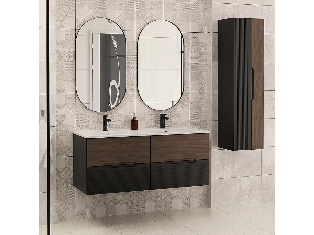 Ensemble meuble double vasque encastrée 120cm et colonne Sylla Noir et bois