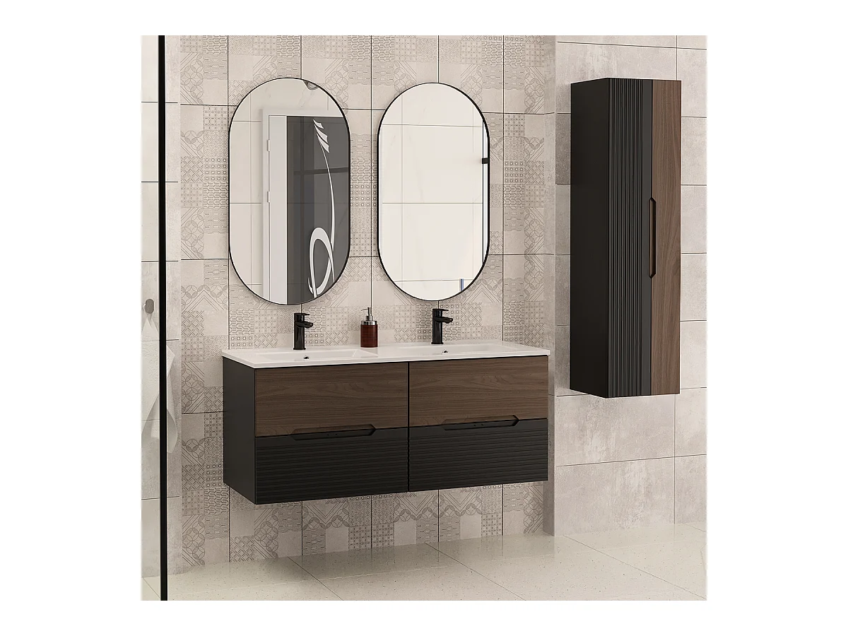 Ensemble meuble double vasque encastrée 120cm et colonne Sylla Noir et bois