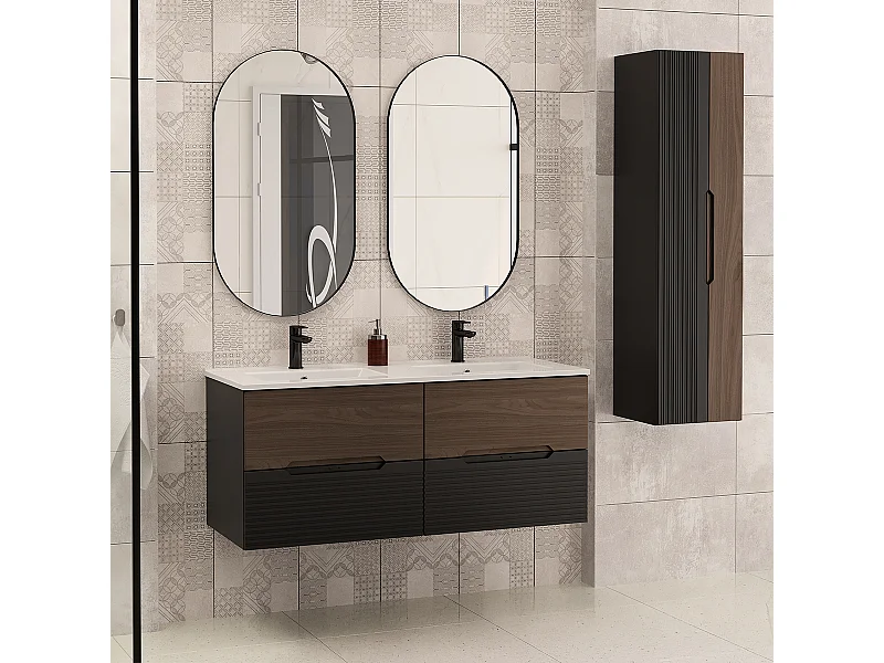 Ensemble meuble double vasque encastrée 120cm et colonne Sylla Noir et bois