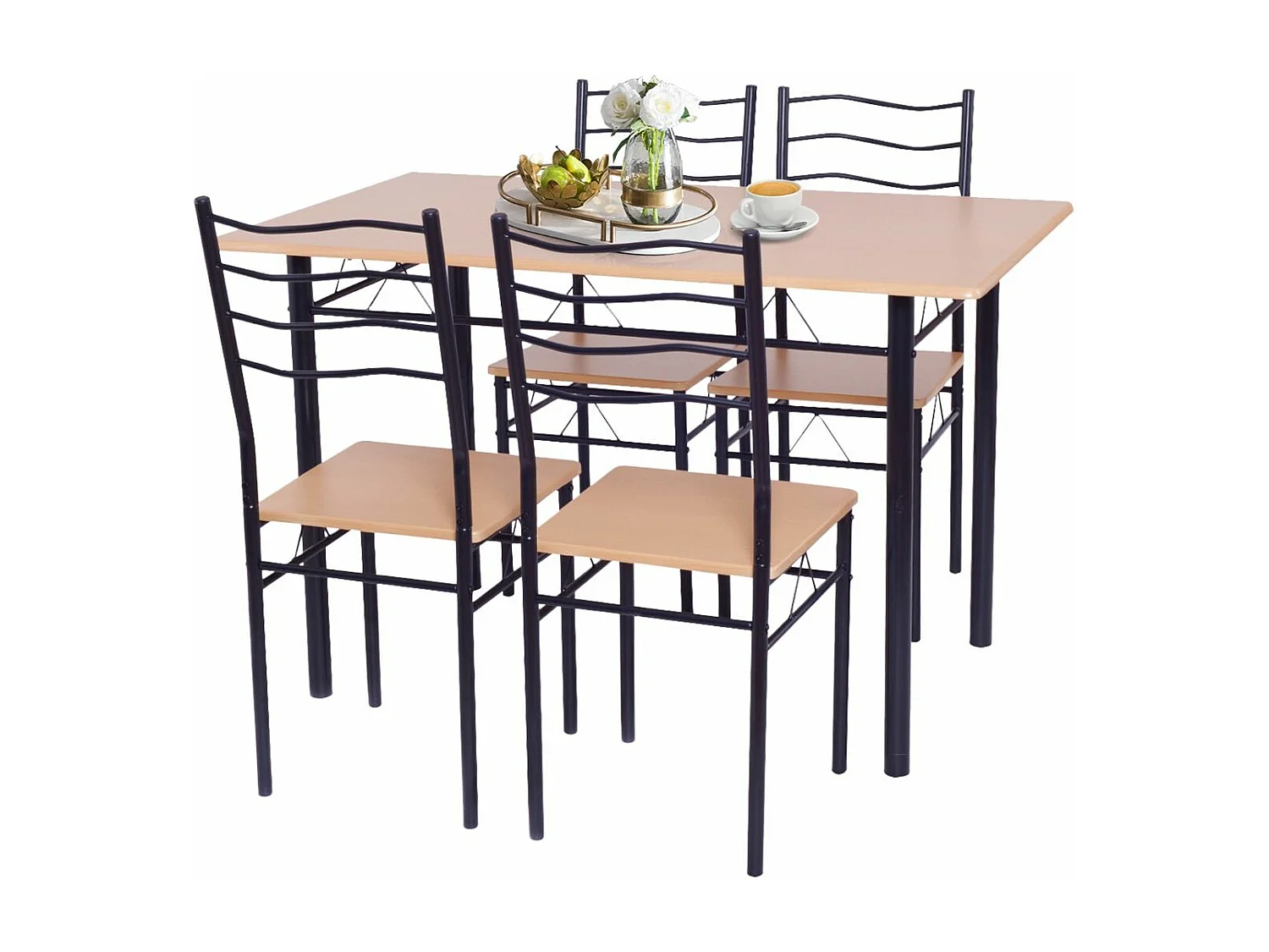 Table à Manger avec 4 Chaises Châssis Métal Contemporain, Ensemble 5 Pièces de Table de Salle à Manger, Montage Facile Noyer/Naturel