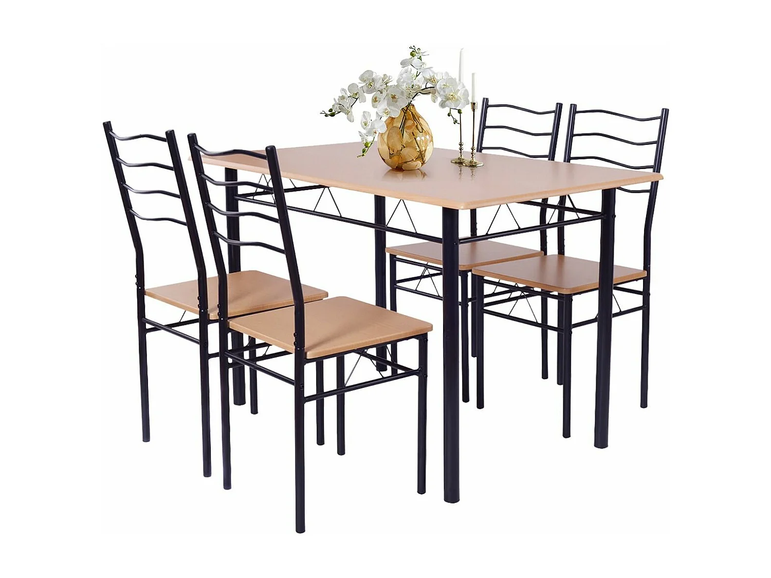 Table à Manger avec 4 Chaises Châssis Métal Contemporain, Ensemble 5 Pièces de Table de Salle à Manger, Montage Facile Noyer/Naturel