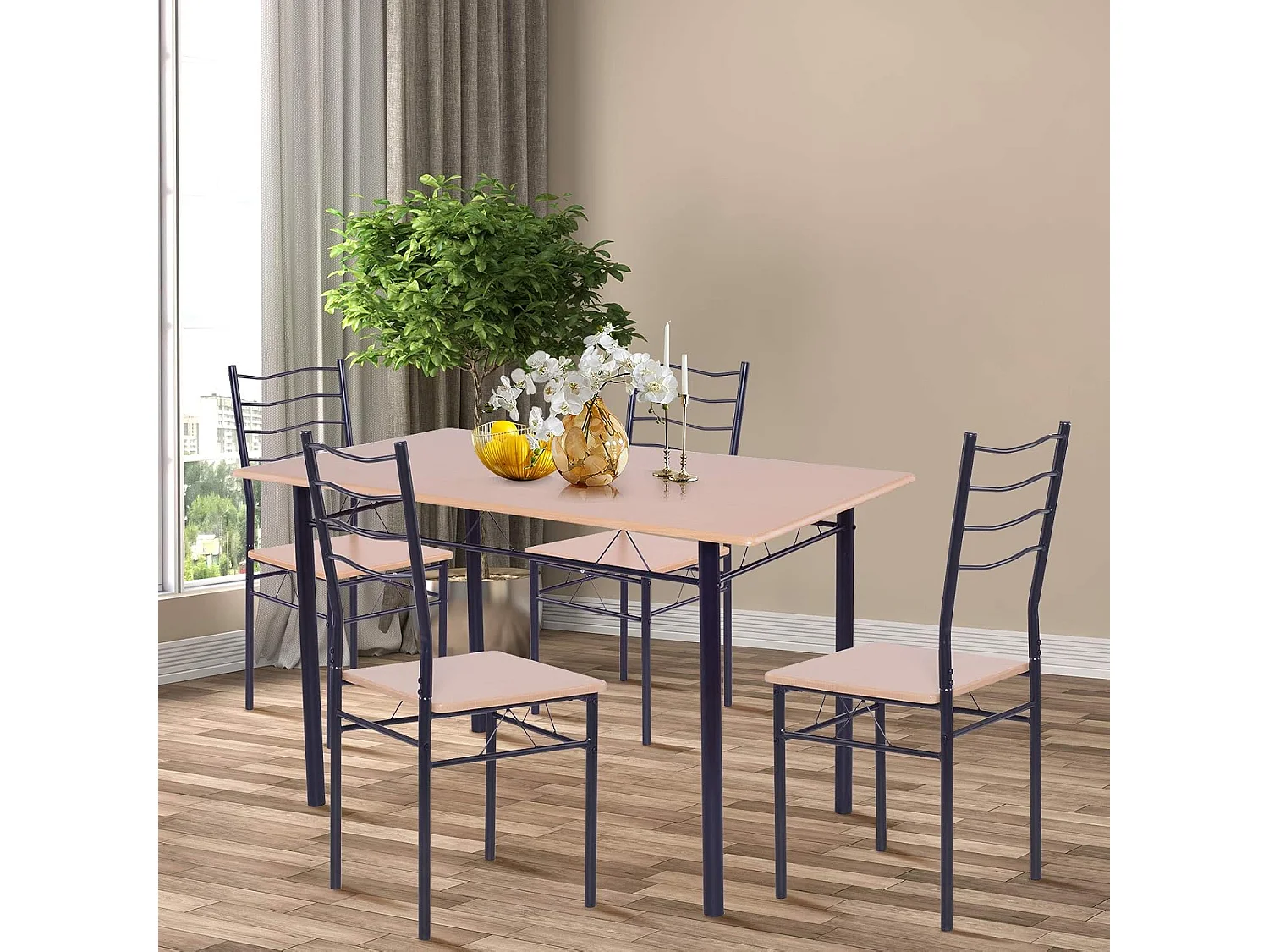 Table à Manger avec 4 Chaises Châssis Métal Contemporain, Ensemble 5 Pièces de Table de Salle à Manger, Montage Facile Noyer/Naturel