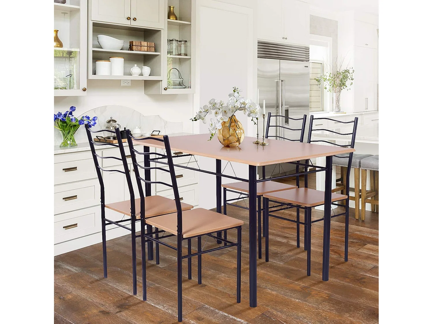 Table à Manger avec 4 Chaises Châssis Métal Contemporain, Ensemble 5 Pièces de Table de Salle à Manger, Montage Facile Noyer/Naturel