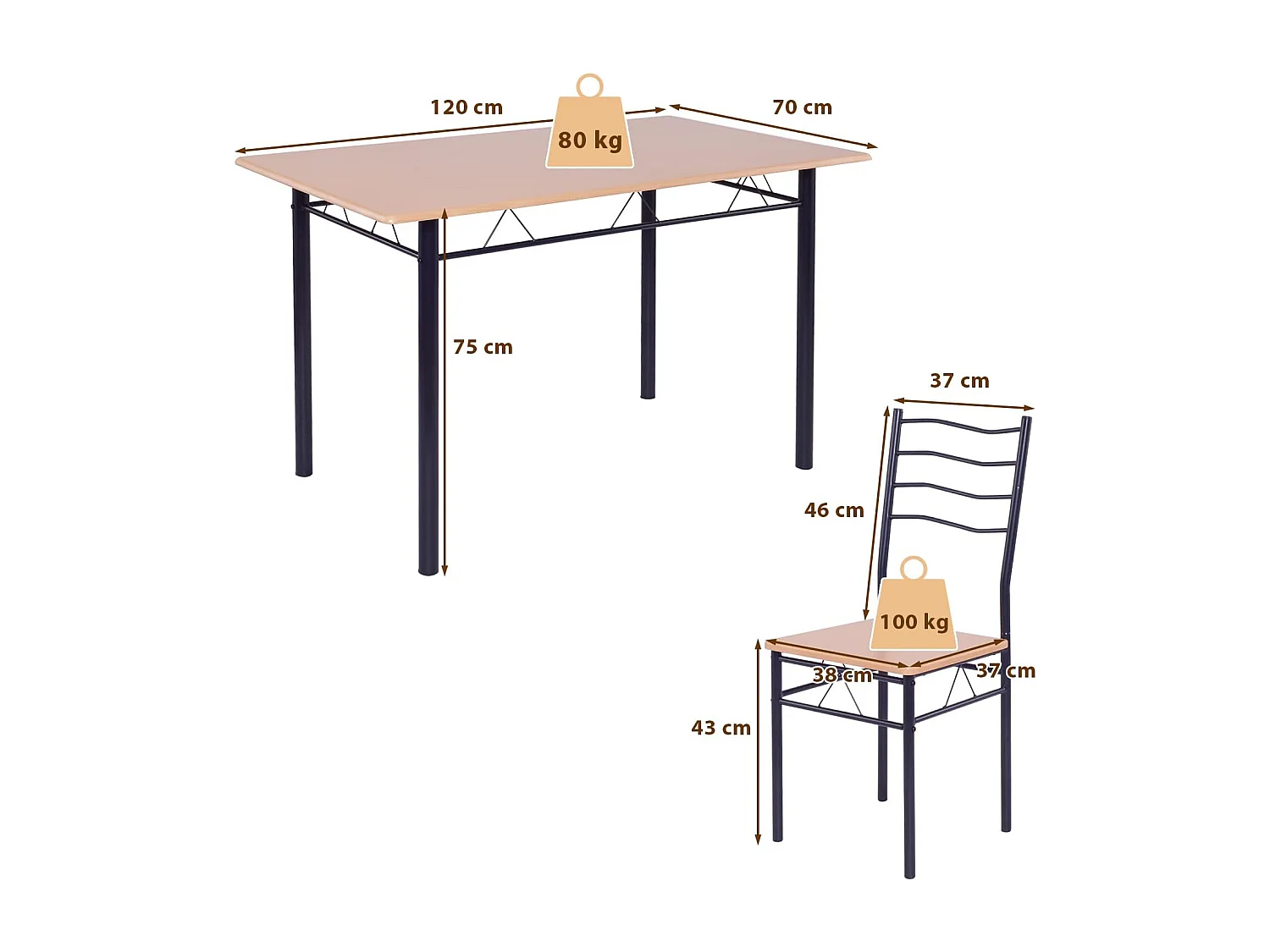 Table à Manger avec 4 Chaises Châssis Métal Contemporain, Ensemble 5 Pièces de Table de Salle à Manger, Montage Facile Noyer/Naturel