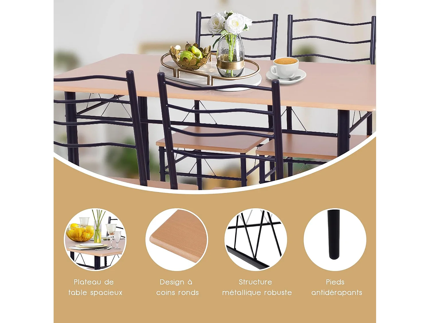 Table à Manger avec 4 Chaises Châssis Métal Contemporain, Ensemble 5 Pièces de Table de Salle à Manger, Montage Facile Noyer/Naturel