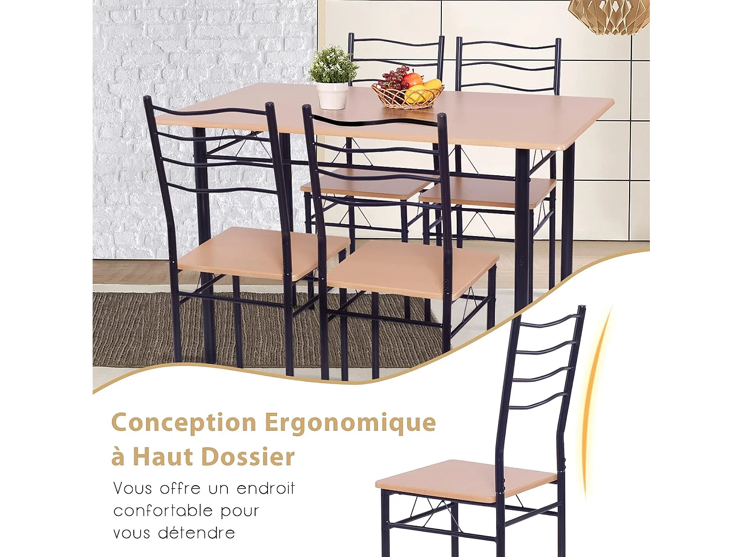 Table à Manger avec 4 Chaises Châssis Métal Contemporain, Ensemble 5 Pièces de Table de Salle à Manger, Montage Facile Noyer/Naturel