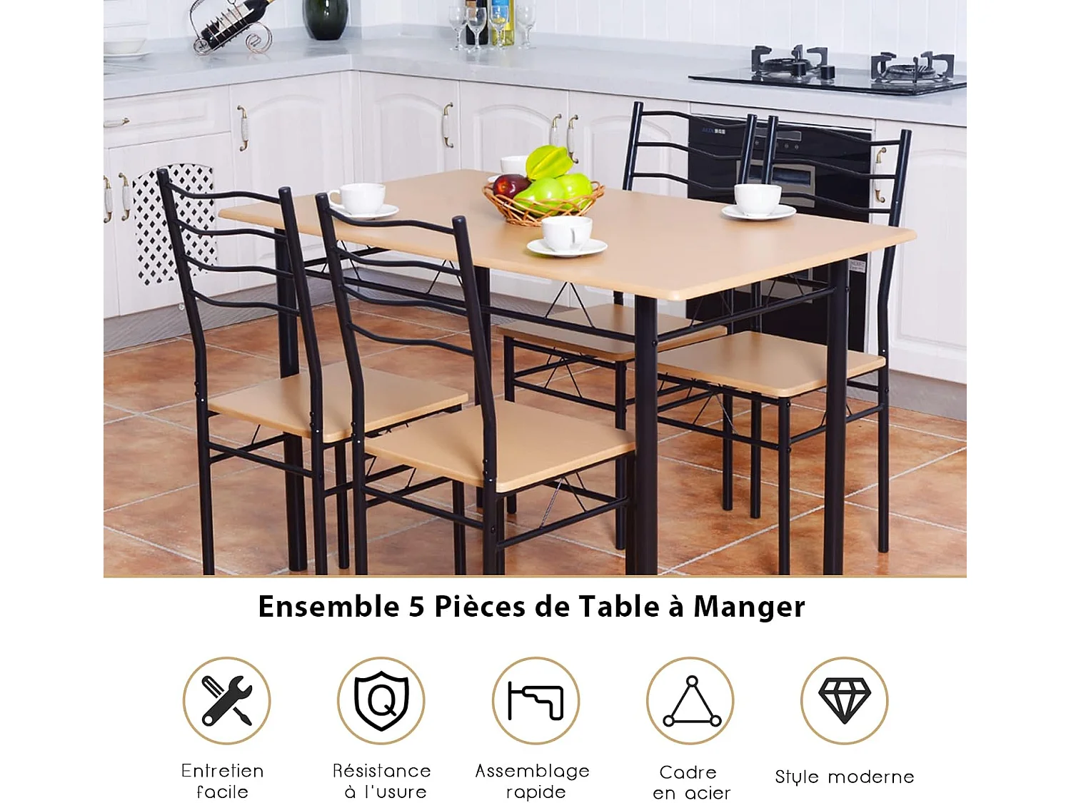 Table à Manger avec 4 Chaises Châssis Métal Contemporain, Ensemble 5 Pièces de Table de Salle à Manger, Montage Facile Noyer/Naturel