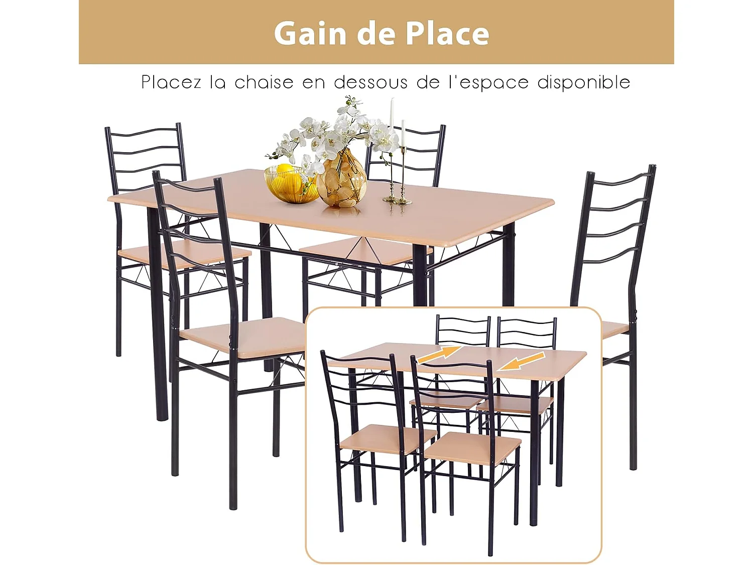 Table à Manger avec 4 Chaises Châssis Métal Contemporain, Ensemble 5 Pièces de Table de Salle à Manger, Montage Facile Noyer/Naturel