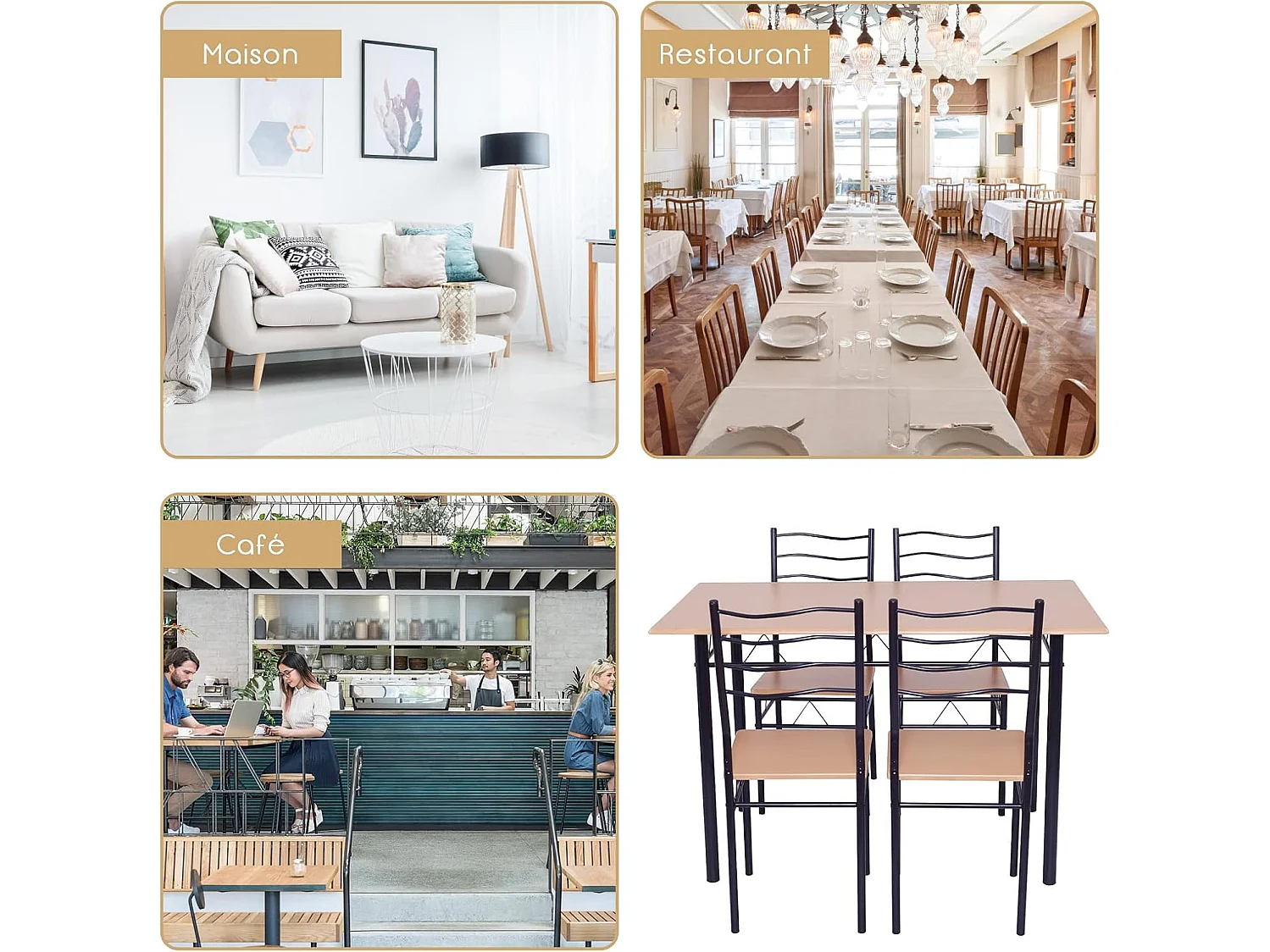 Table à Manger avec 4 Chaises Châssis Métal Contemporain, Ensemble 5 Pièces de Table de Salle à Manger, Montage Facile Noyer/Naturel