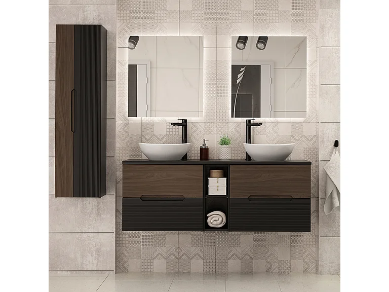 Mobile bagno doppio lavabo Sylla nero e marrone 140cm