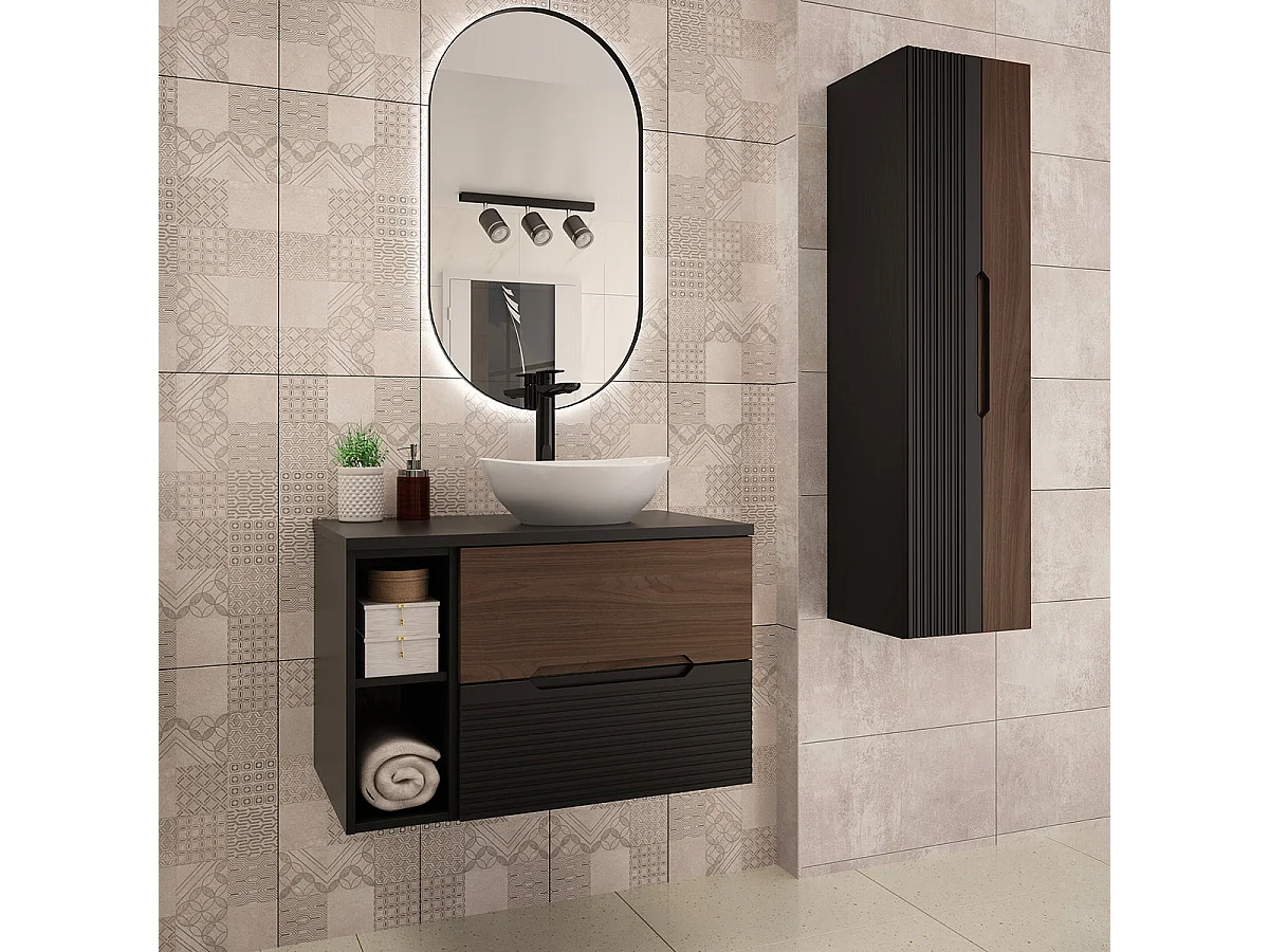 Meuble simple vasque 80cm 2 niches Sylla Noir et bois