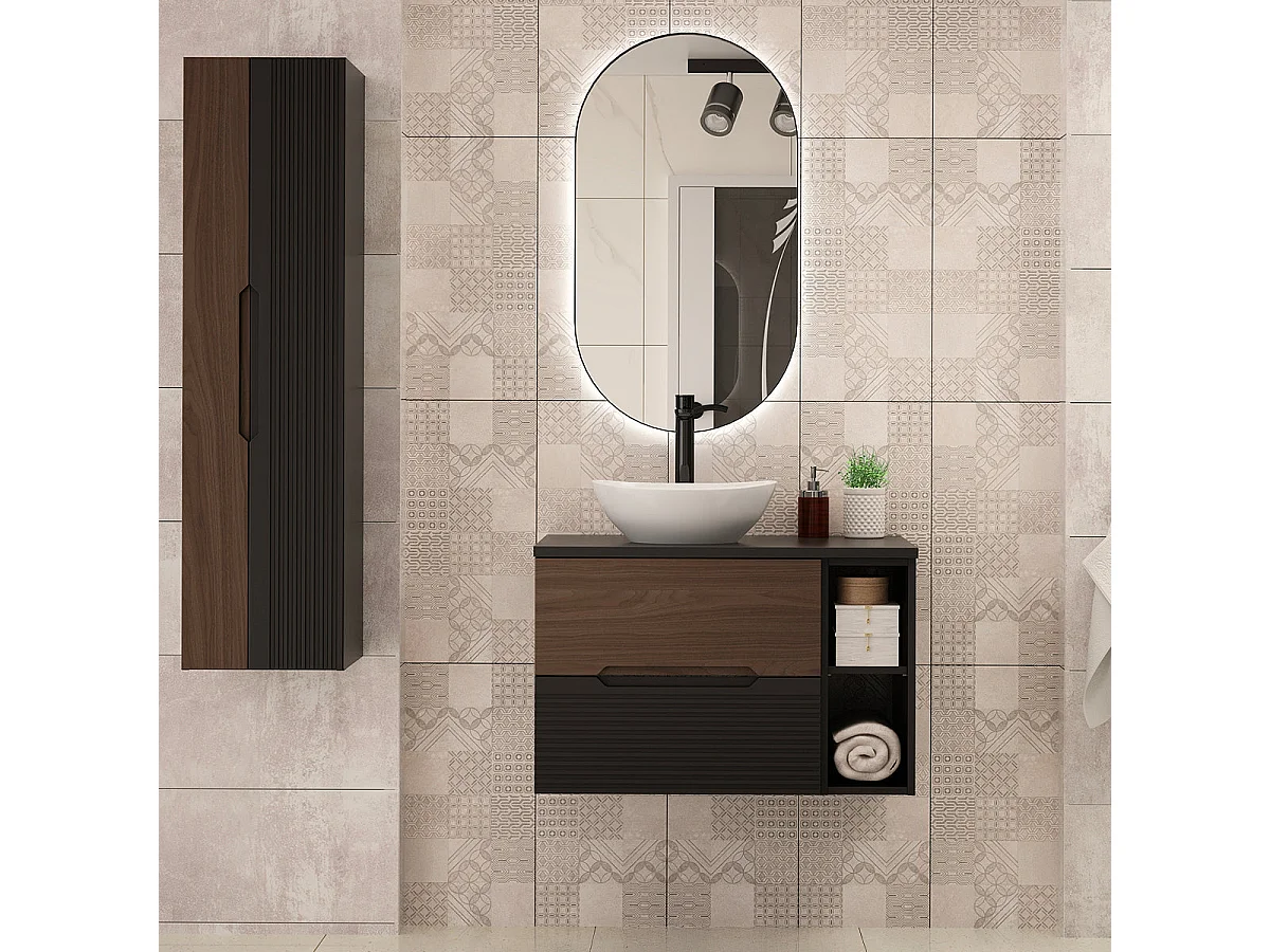 Meuble simple vasque 80cm 2 niches Sylla Noir et bois