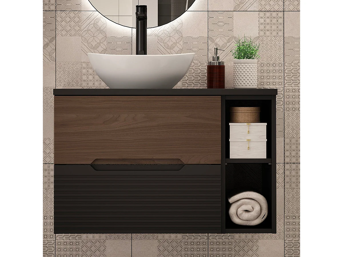 Meuble simple vasque 80cm 2 niches Sylla Noir et bois