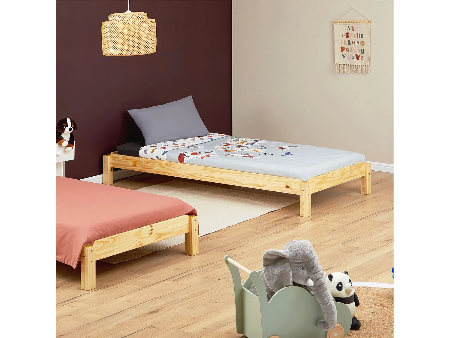 Lot de 2 lits superposables RINO 90 x 200 cm, lits simples 1 place, couchage d'appoint, en pin massif vernis naturel