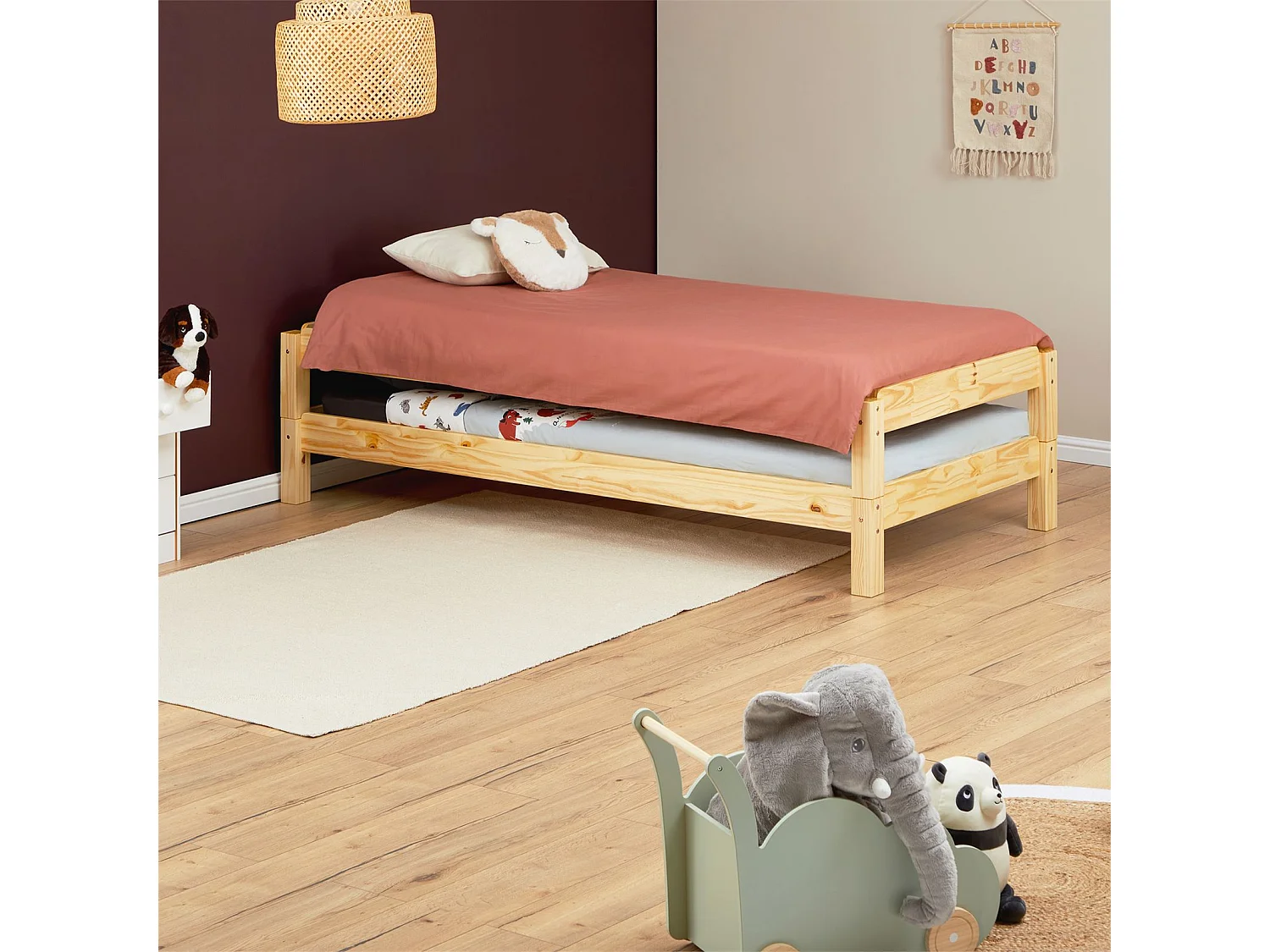 Lot de 2 lits superposables RINO 90 x 200 cm, lits simples 1 place, couchage d'appoint, en pin massif vernis naturel