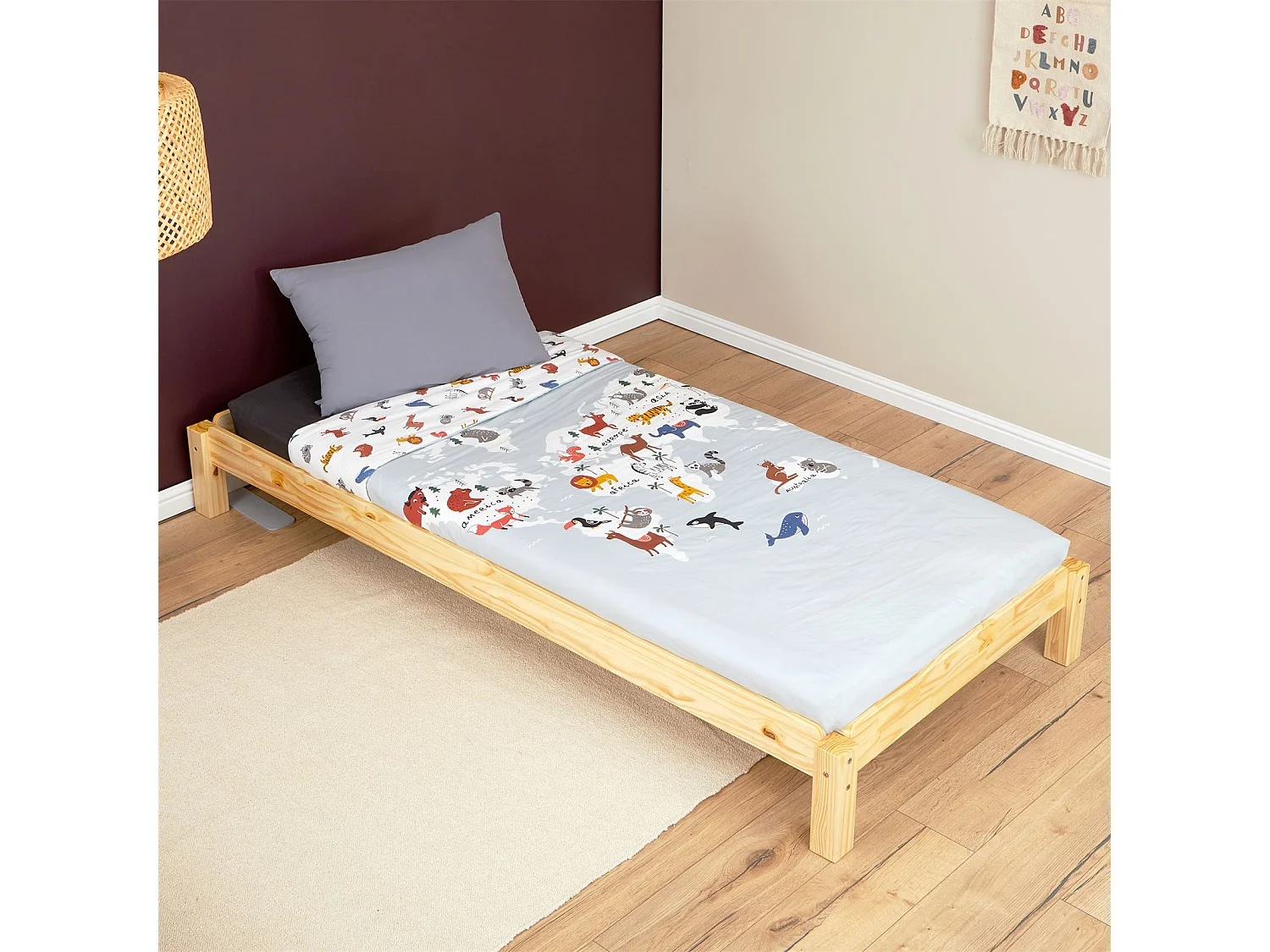 Lot de 2 lits superposables RINO 90 x 200 cm, lits simples 1 place, couchage d'appoint, en pin massif vernis naturel