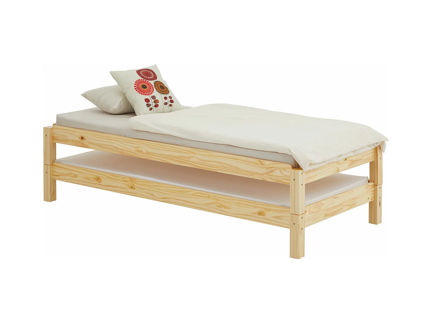 Lot de 2 lits superposables RINO 90 x 200 cm, lits simples 1 place, couchage d'appoint, en pin massif vernis naturel