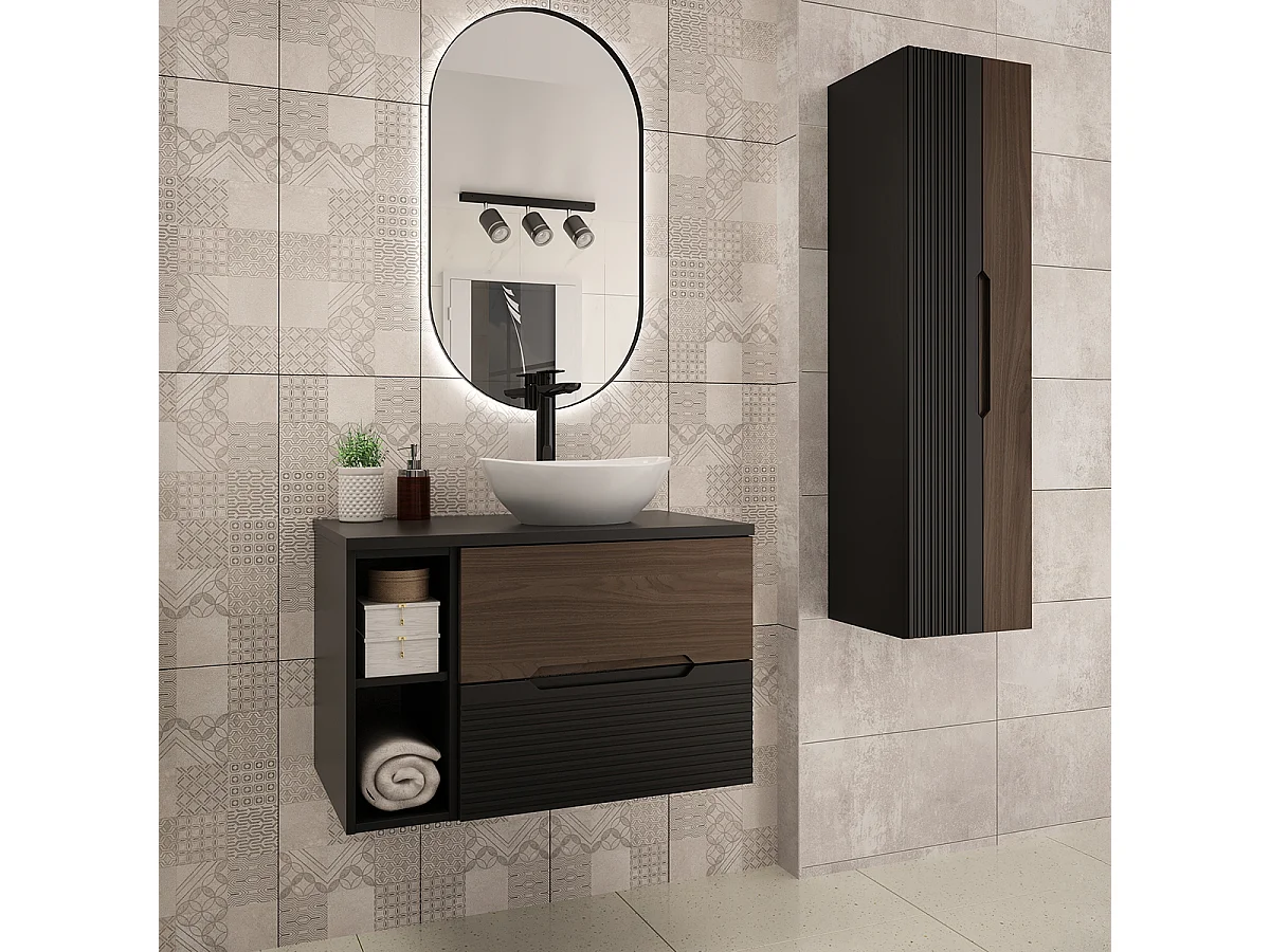 Meuble sous-vasque 80cm 2 niches plan de toilette Sylla Noir et bois