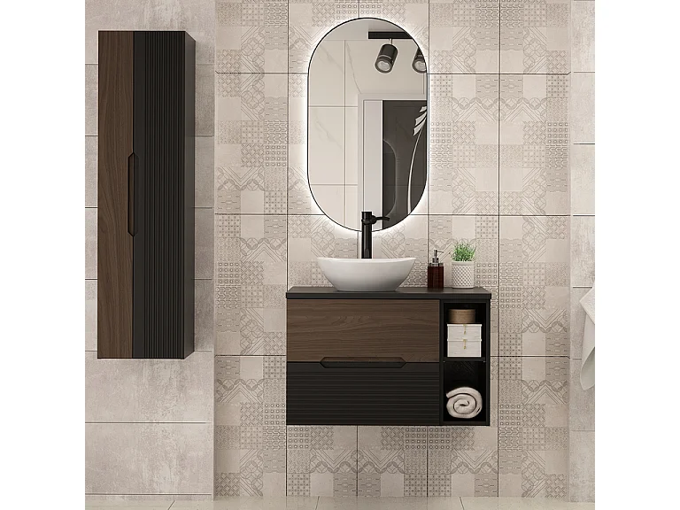 Meuble sous-vasque 80cm 2 niches plan de toilette Sylla Noir et bois