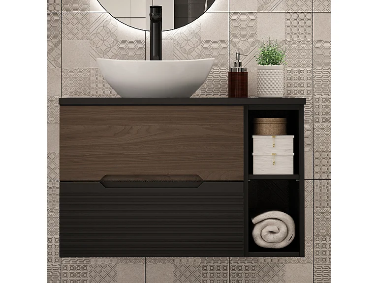 Meuble sous-vasque 80cm 2 niches plan de toilette Sylla Noir et bois