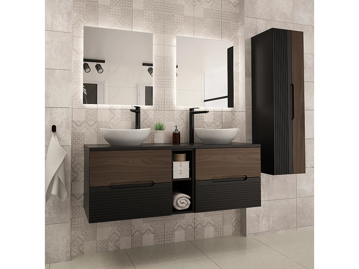 Mueble bajo lavabo 140cm compartimiento encimera Sylla Negro y madera