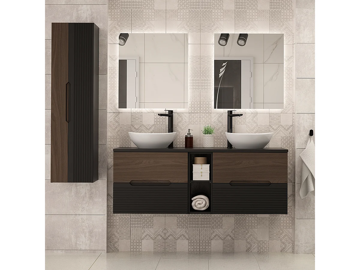 Meuble sous-vasque 140cm 2 niches plan de toilette Sylla Noir et bois
