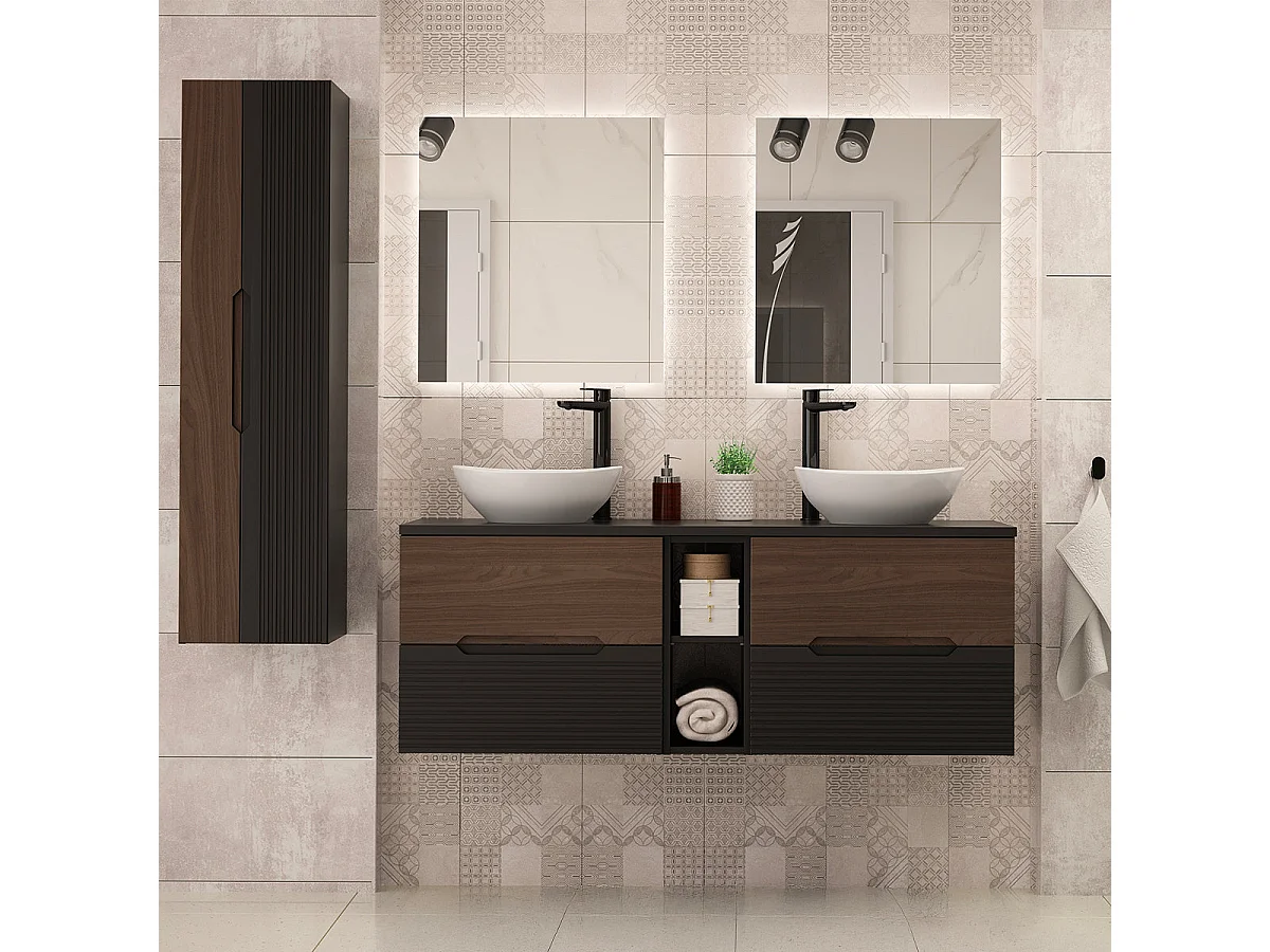 Waschbeckenunterschrank 140cm niche Waschtisch Sylla Schwarz und Holz