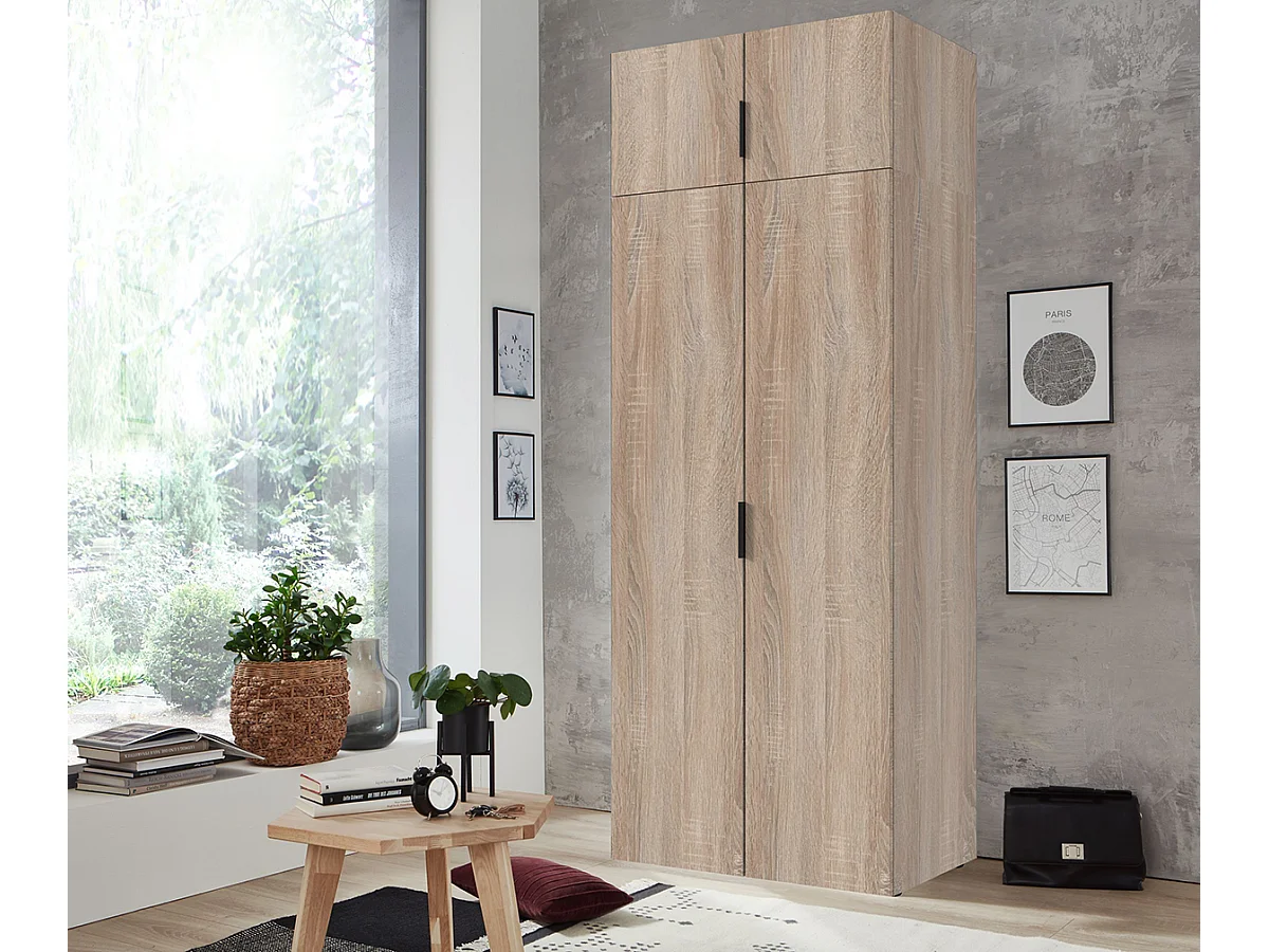 Armoire de rangement, placard de rangement en bois mélamine coloris Imitation chêne - Longueur 80 x Hauteur 225 x Profondeur 54 cm 