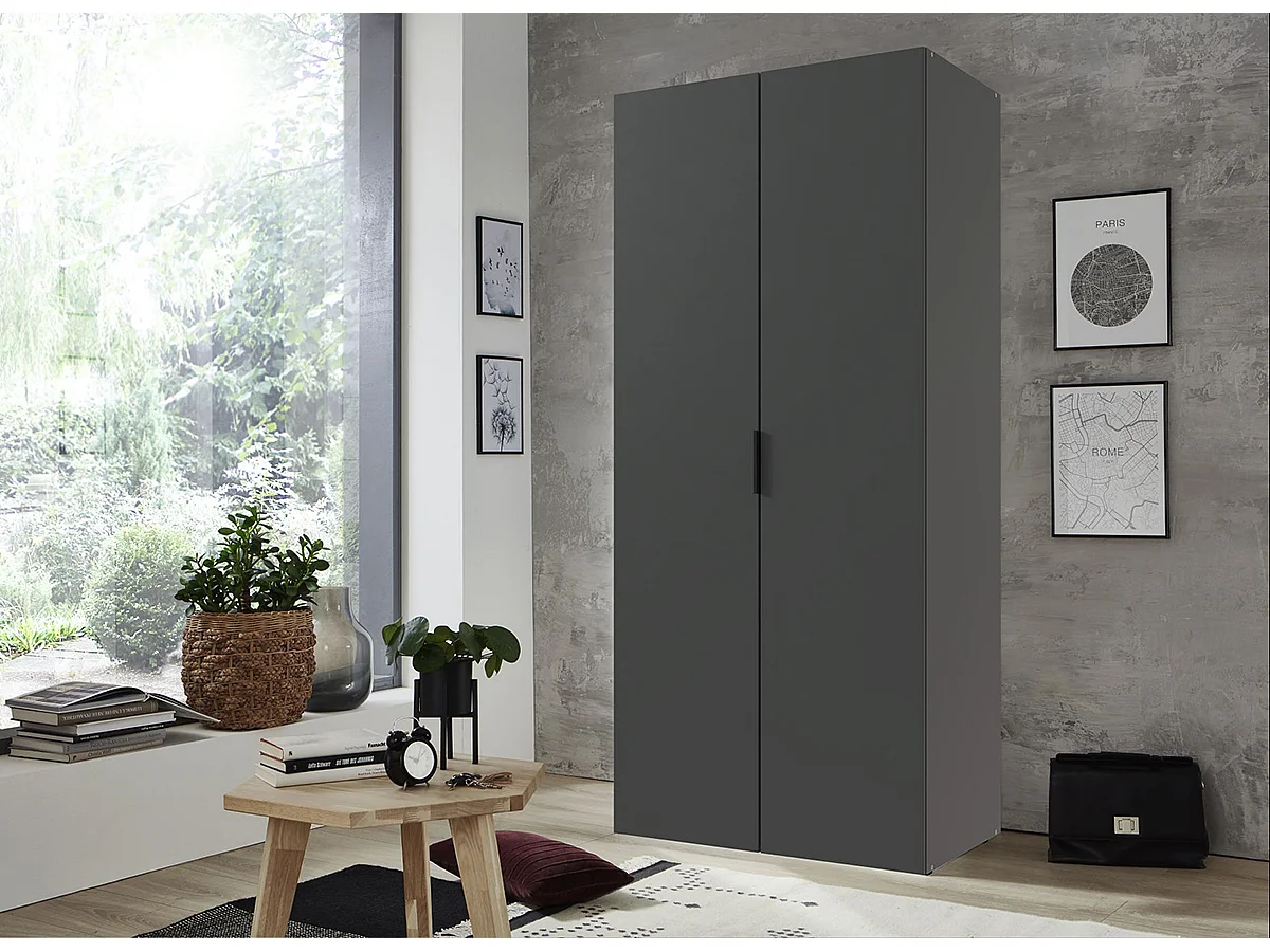 Armoire de rangement avec 2 portes en bois mélamine coloris graphite  - Longueur 80 x Hauteur 185 x Profondeur 54 cm 