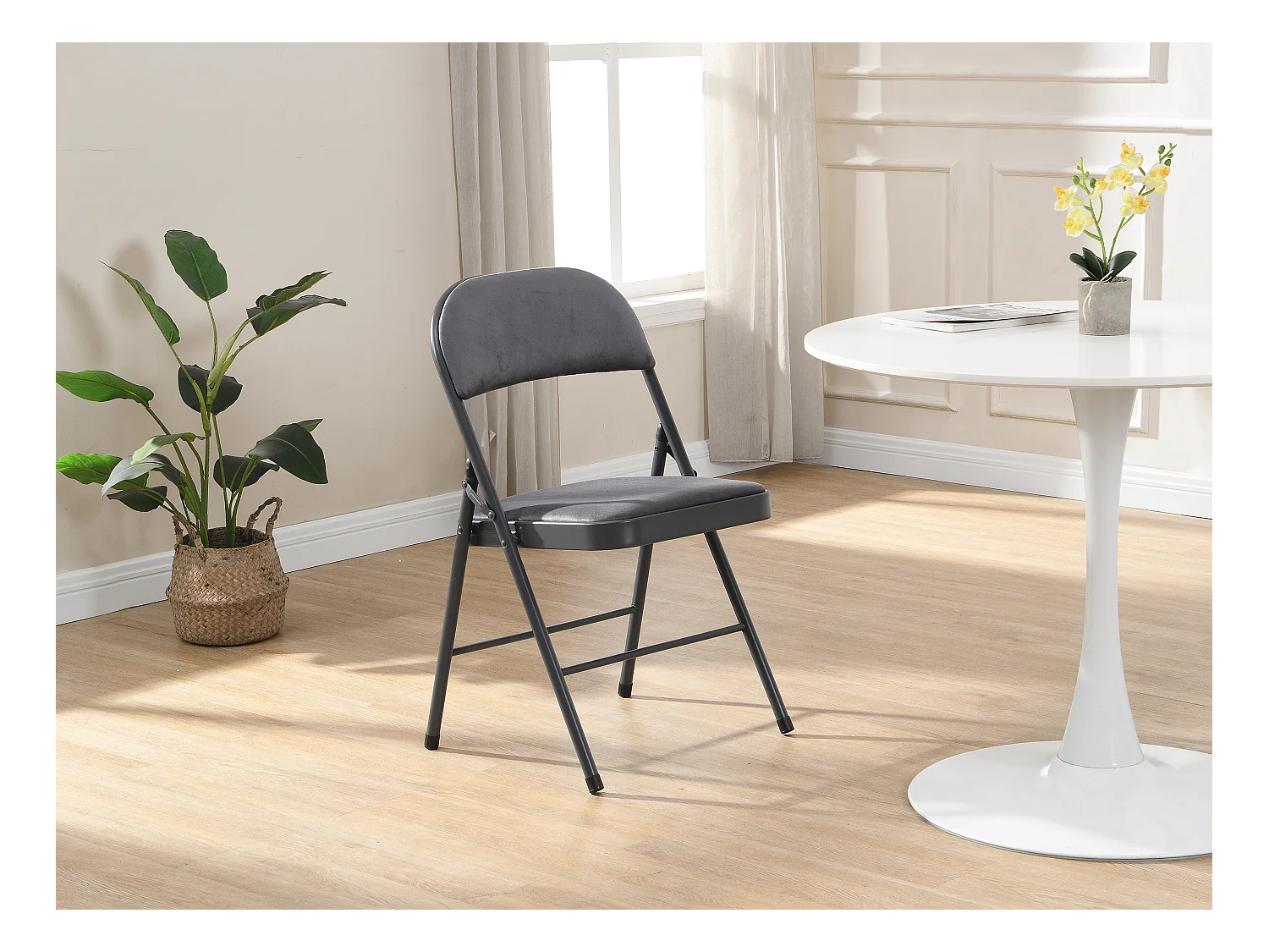 Lot de 6 chaises pliantes en velours et métal - Gris - ORTENSIA