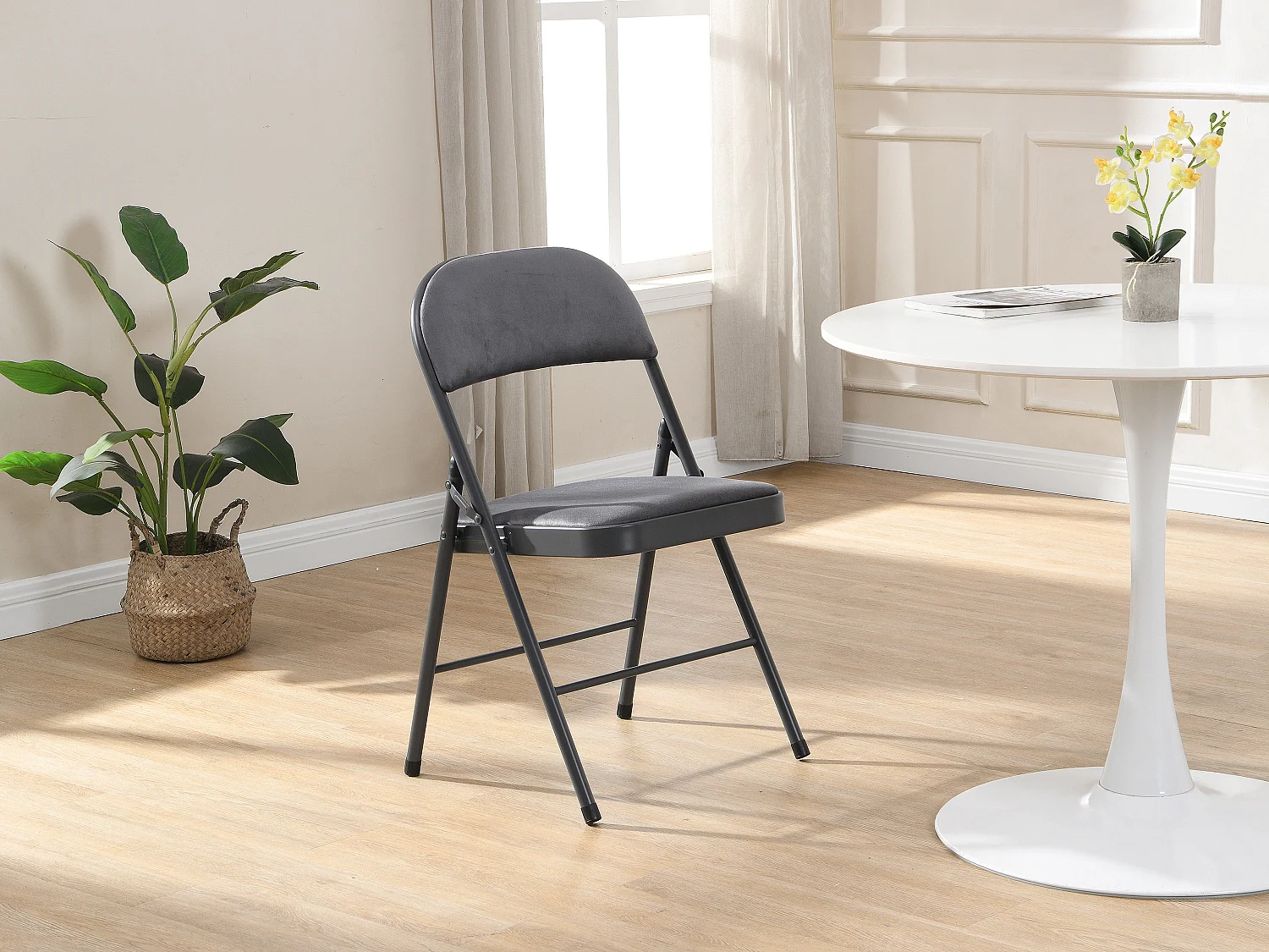 Lot de 6 chaises pliantes en velours et métal - Gris - ORTENSIA