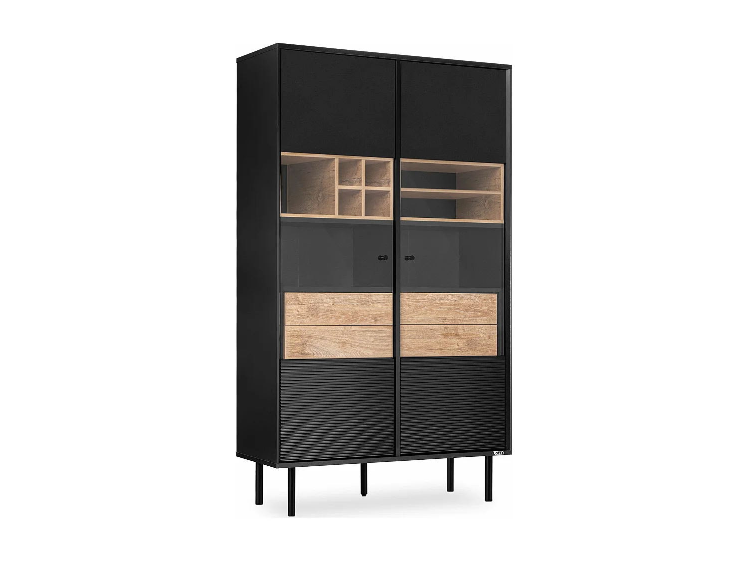 Vitrinenschränk  TV/Weineinlage - schwarz / Eiche natur - LOFTY