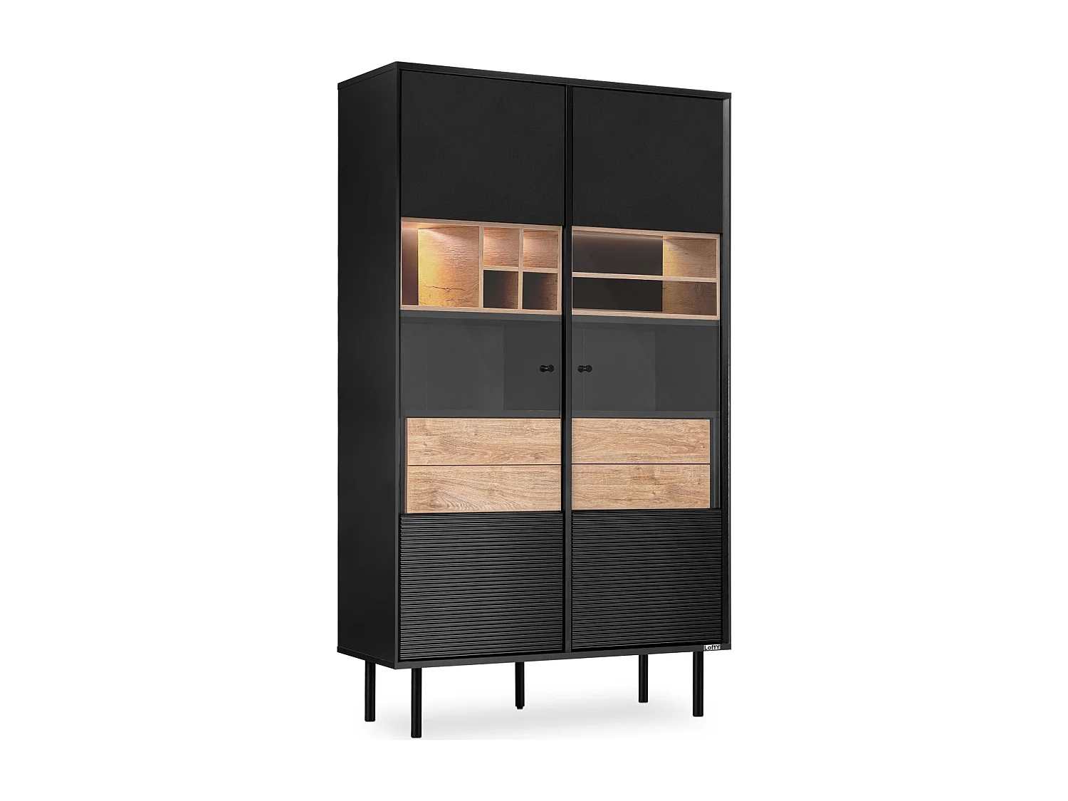 Vitrinenschränk  TV/Weineinlage - schwarz / Eiche natur - LOFTY