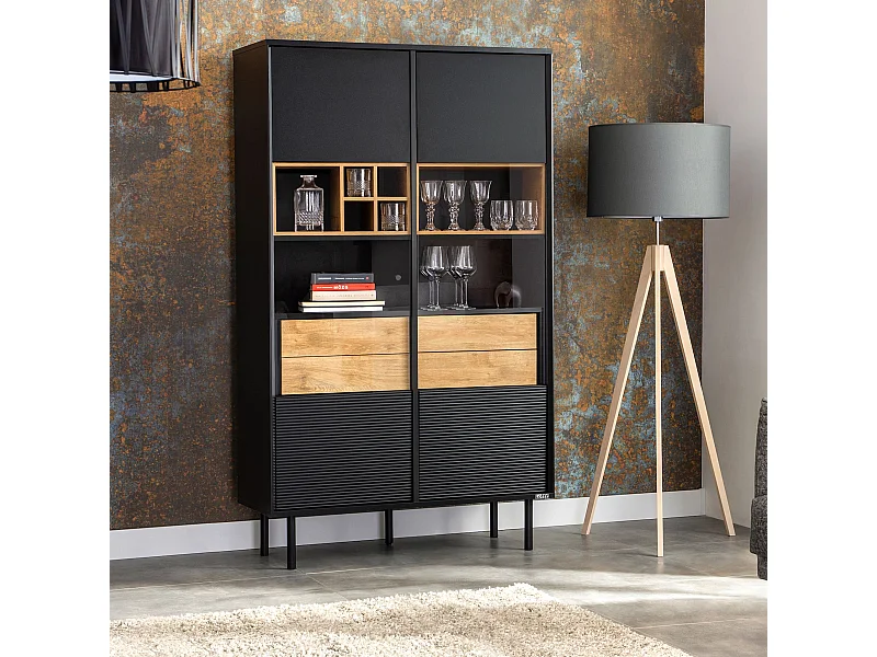 Vitrinenschränk  TV/Weineinlage - schwarz / Eiche natur - LOFTY