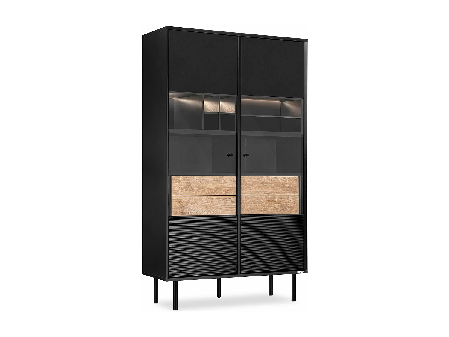 Vitrinenschränk TV/Weineinlage - schwarz / Eiche natur - LOFTY