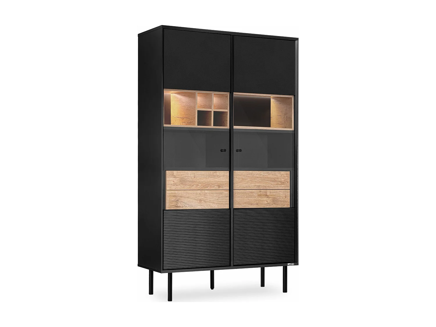 Vitrinenschränk  Weineinlage - schwarz / Eiche natur - LOFTY