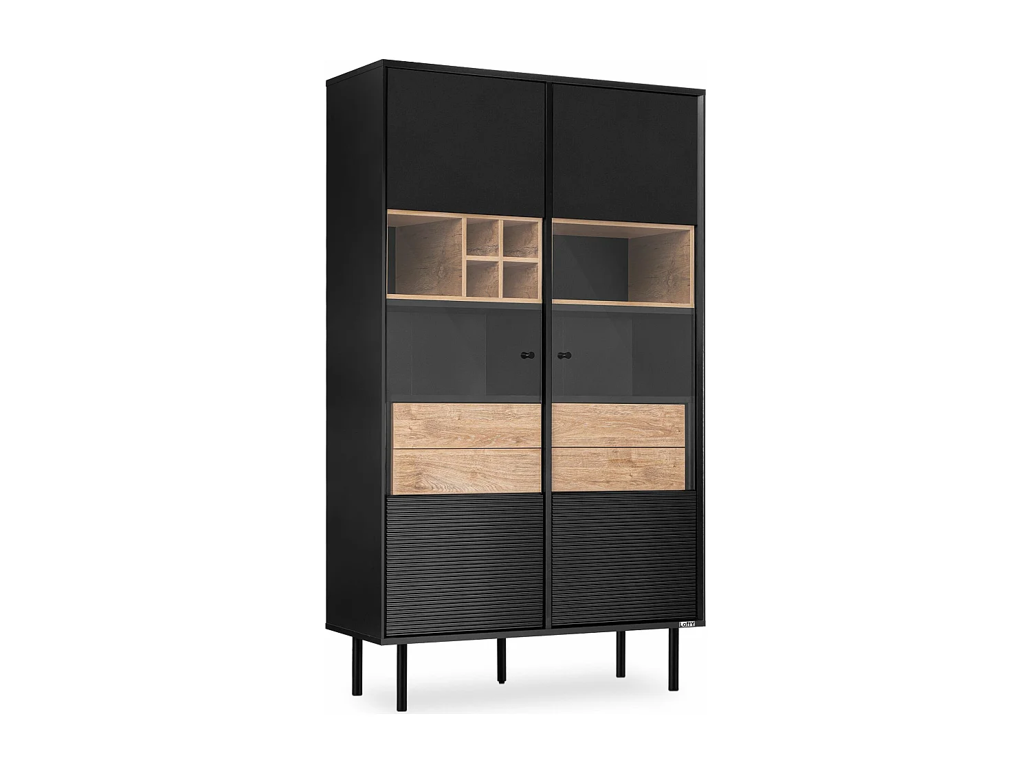 Vitrinenschränk  Weineinlage - schwarz / Eiche natur - LOFTY