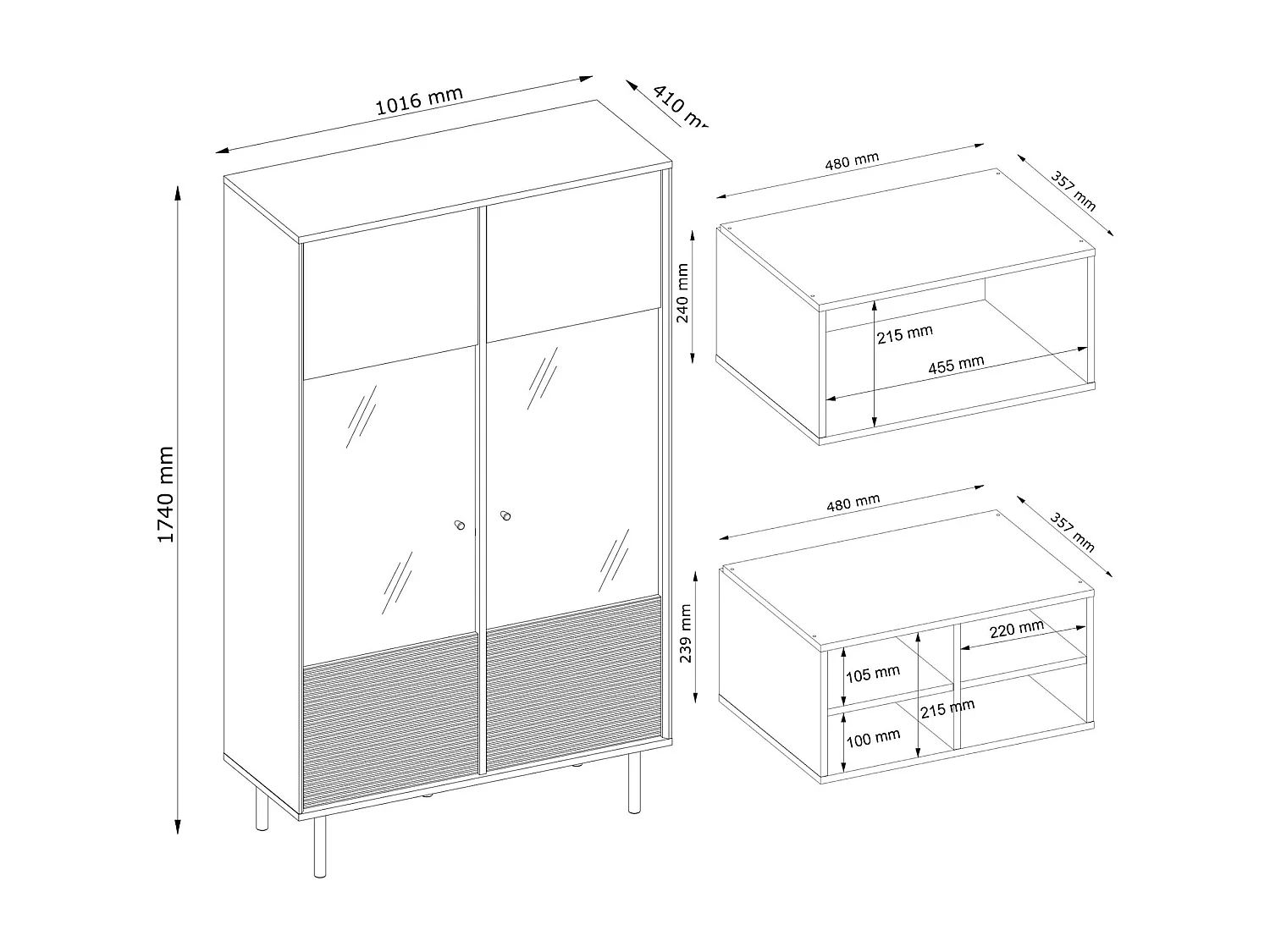 Vitrine  Kreuz/Außenseiteneinlage - schwarz / Eiche natur - LOFTY