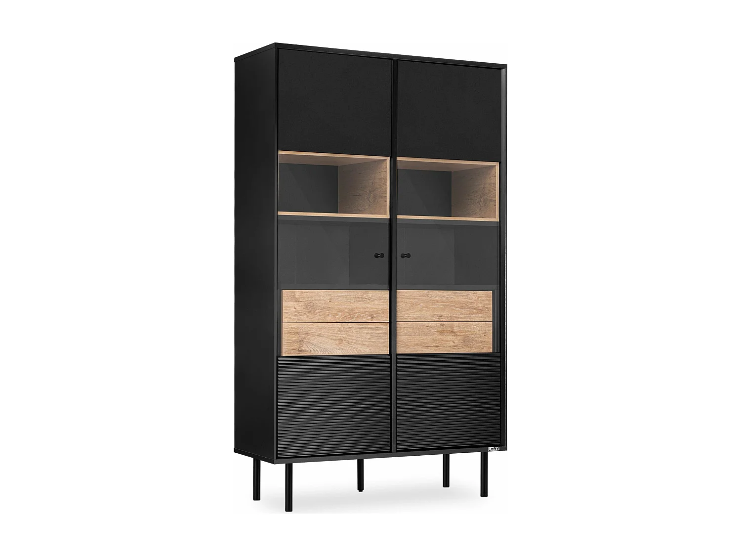 Vitrinenschränk  Außenseiteneinlage - schwarz / Eiche natur - LOFTY