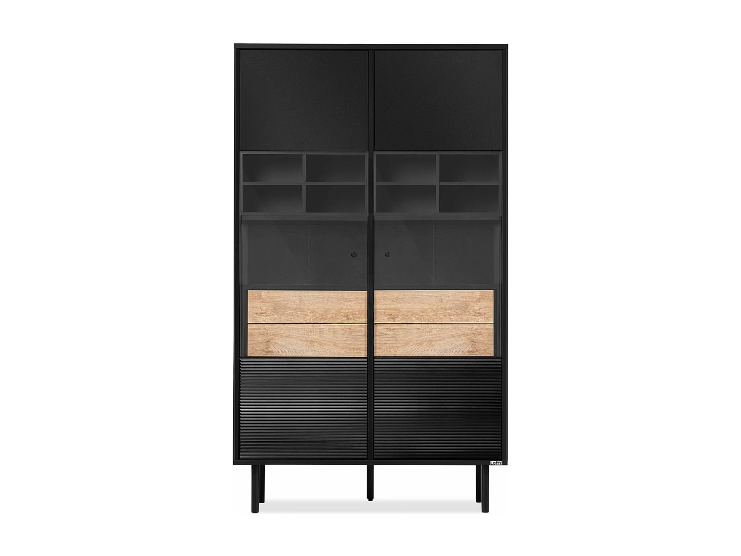 Vitrinenschränk Kreuzeinlage - schwarz / Eiche natur - LOFTY