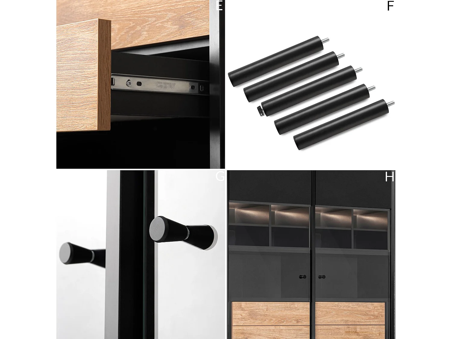 Vitrinenschränk Kreuzeinlage - schwarz / Eiche natur - LOFTY