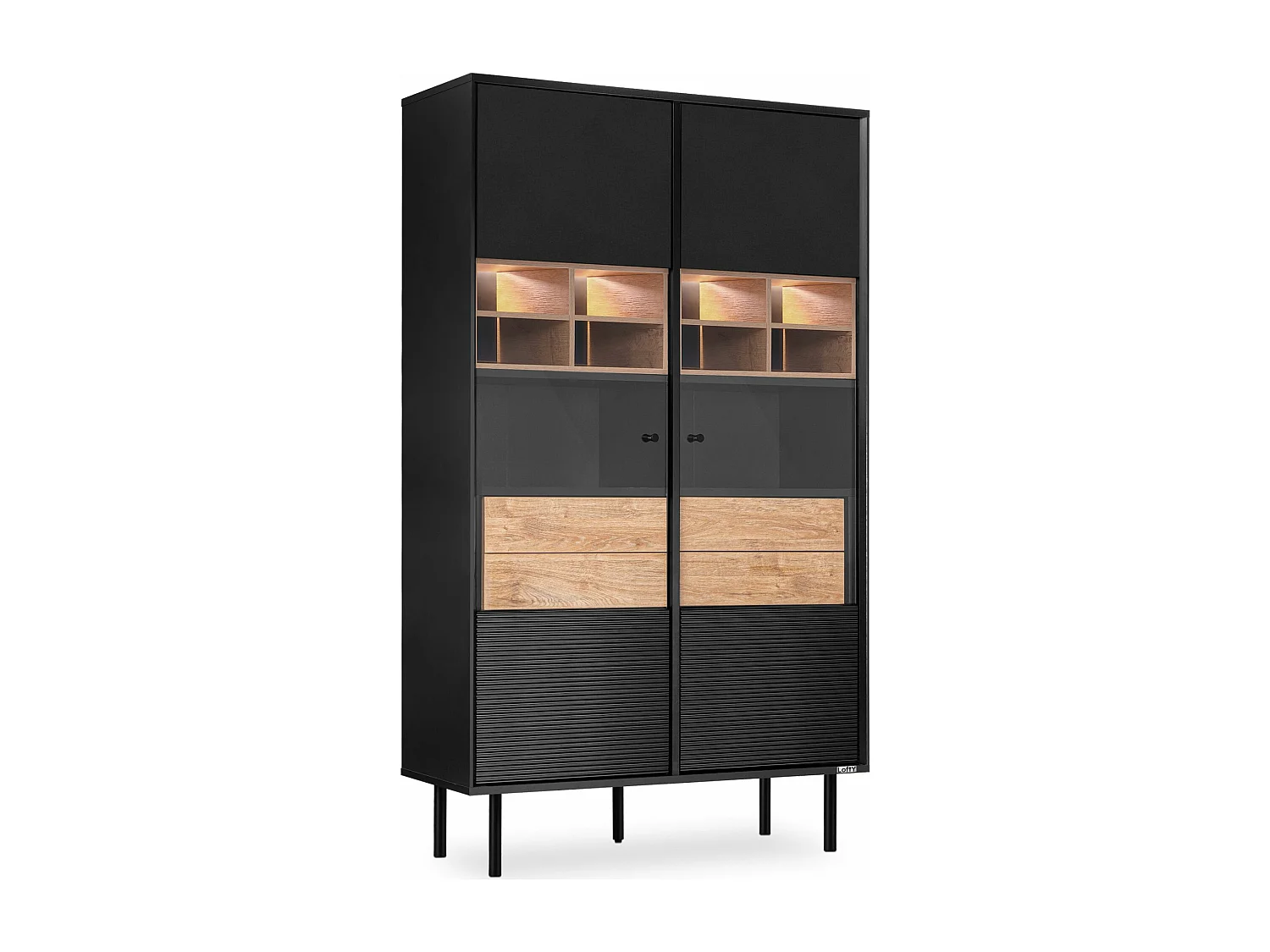 Vitrinenschränk  Kreuzeinlage - schwarz / Eiche natur - LOFTY