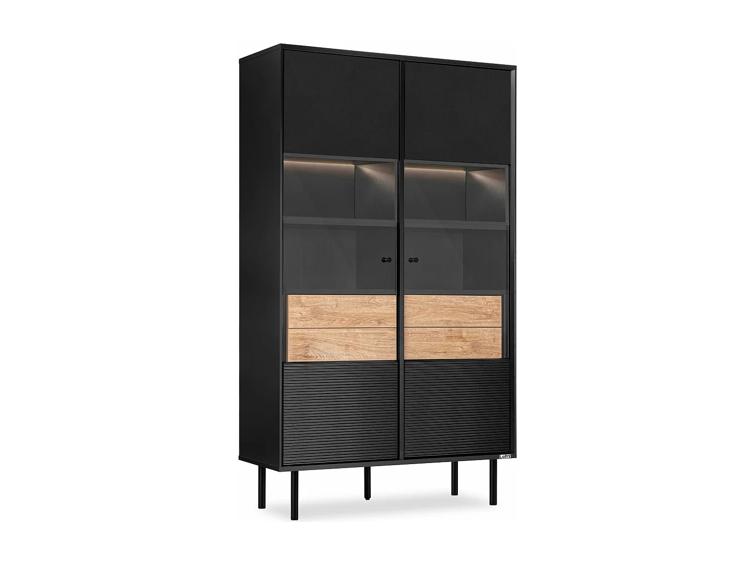 Vitrinenschränk  Außenseiteneinlage - schwarz / Eiche natur - LOFTY