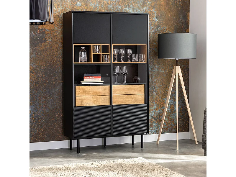 Vitrinenschränk  TV/HiFi-Einlage - schwarz / Eiche natur - LOFTY