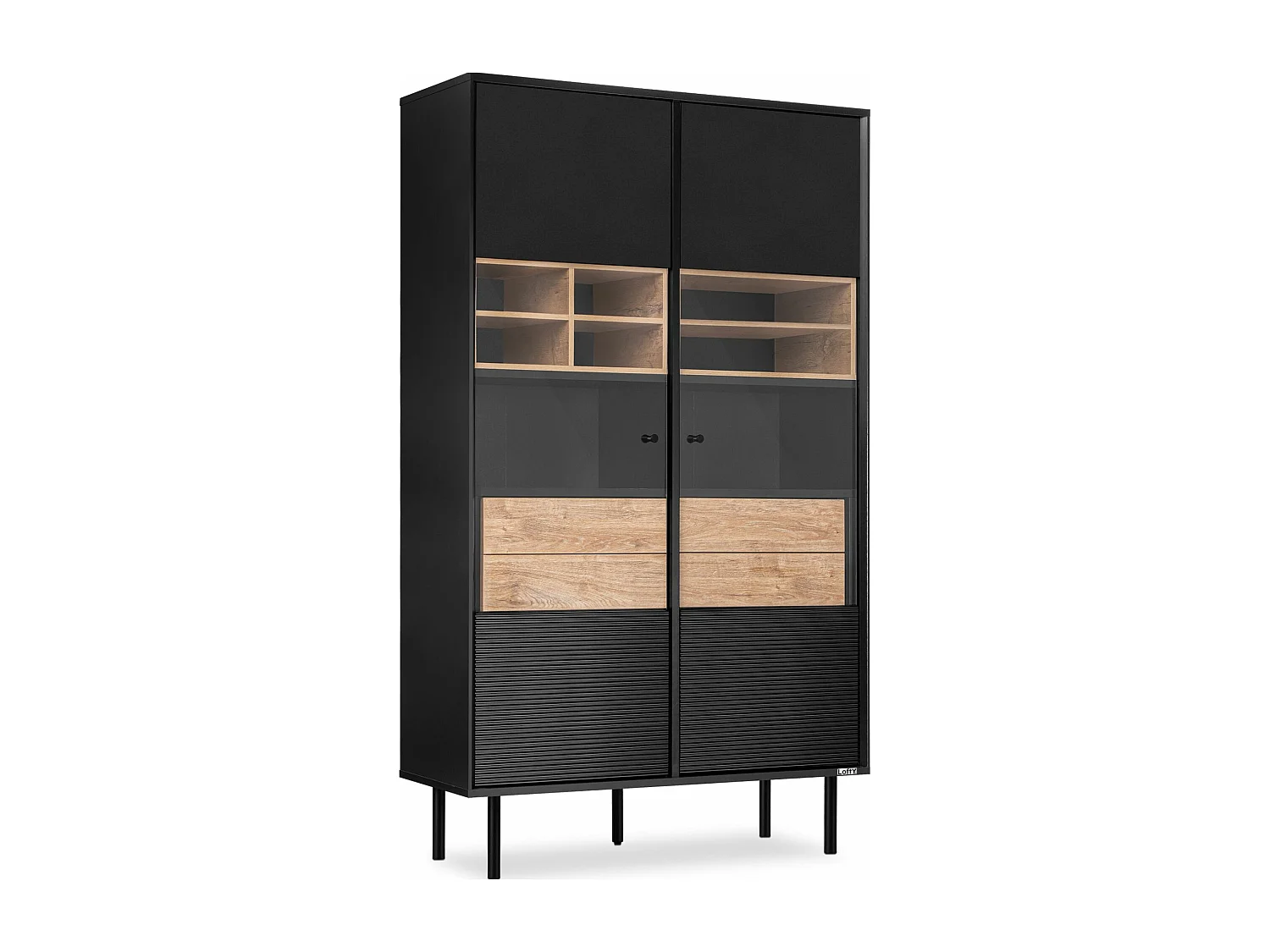 Vitrinenschränk   TV/Kreuzeinlage - schwarz / Eiche natur - LOFTY