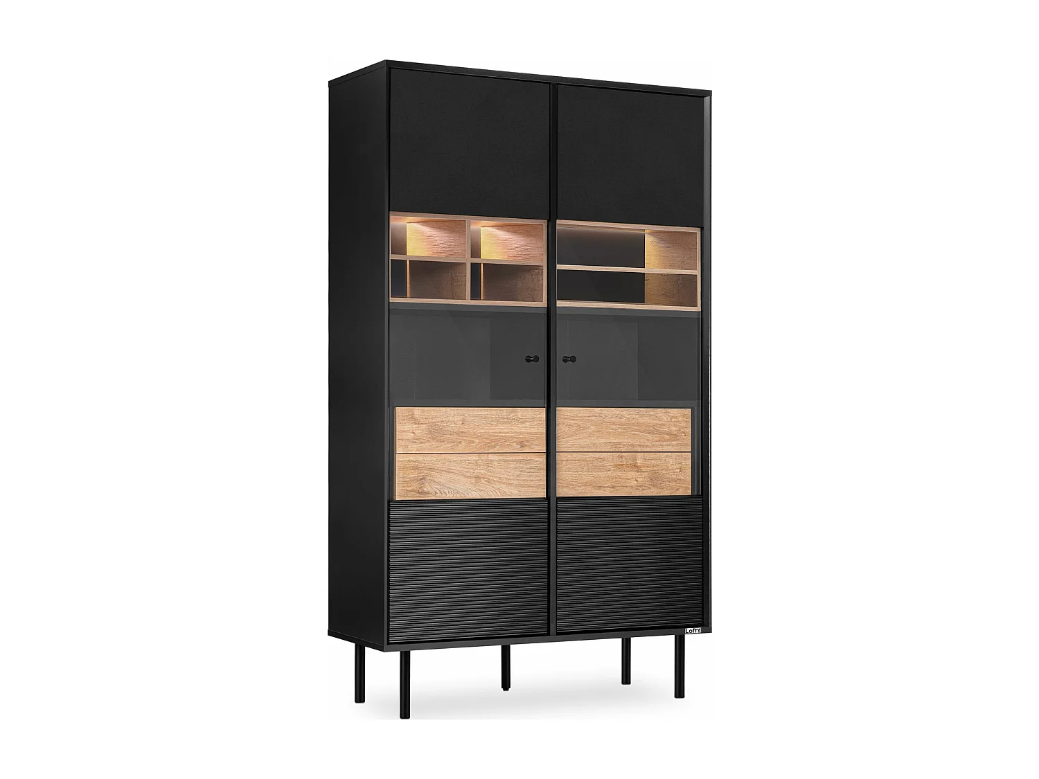 Vitrinenschränk   TV/Kreuzeinlage - schwarz / Eiche natur - LOFTY