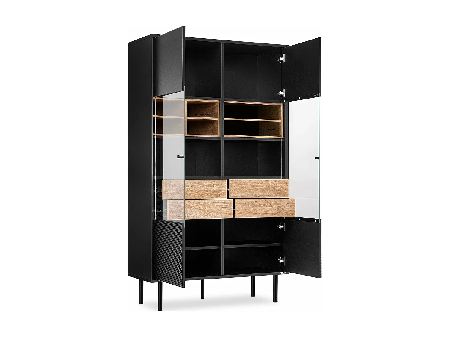 Vitrinenschränk   TV/Kreuzeinlage - schwarz / Eiche natur - LOFTY